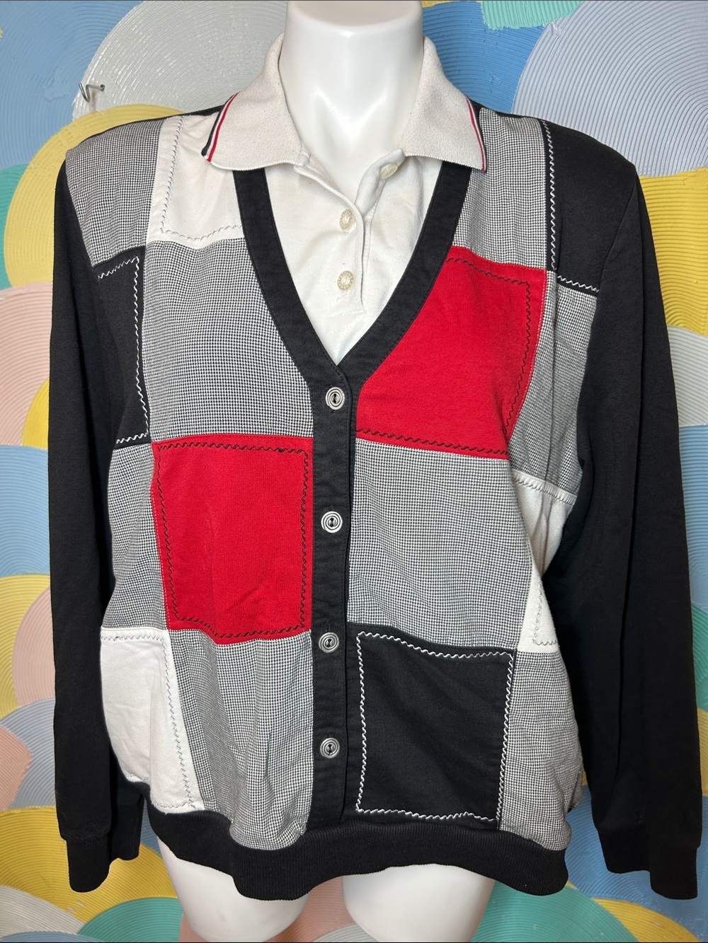 Vintage Alfred Dunner Black Red Patchwork V-Neck Women’s Cardigan Sweater sz XL